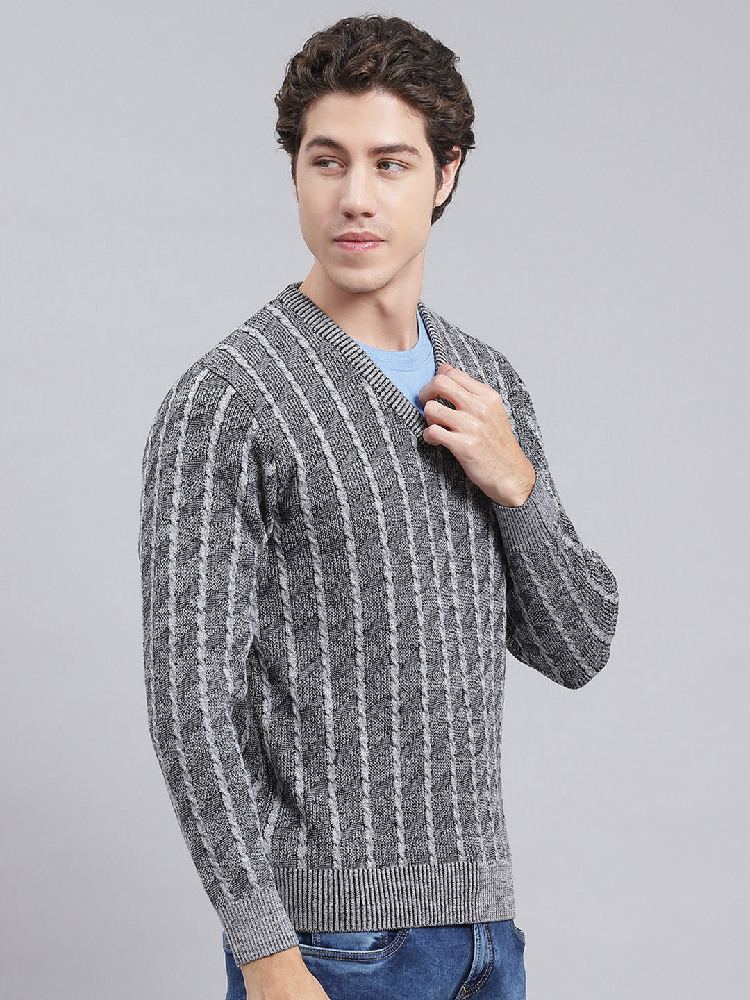 Men Grey Self Design Wool blend Pullover