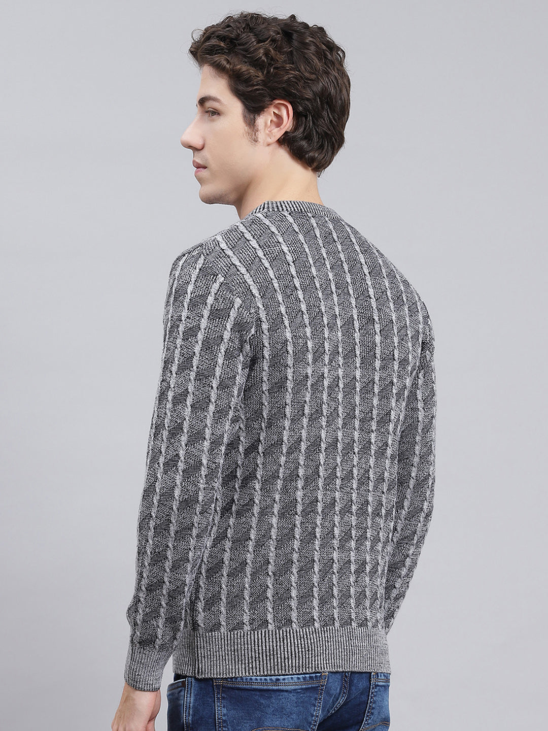 Men Grey Self Design Wool blend Pullover