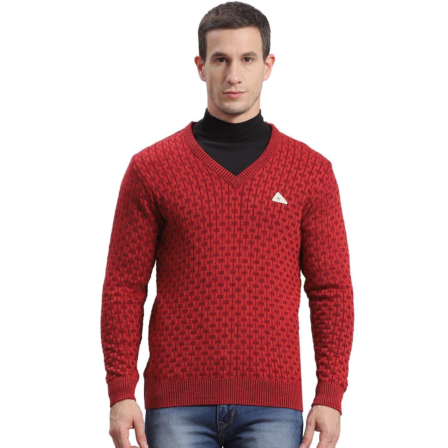 Men Red Self Design V Neck Full Sleeve Sweater