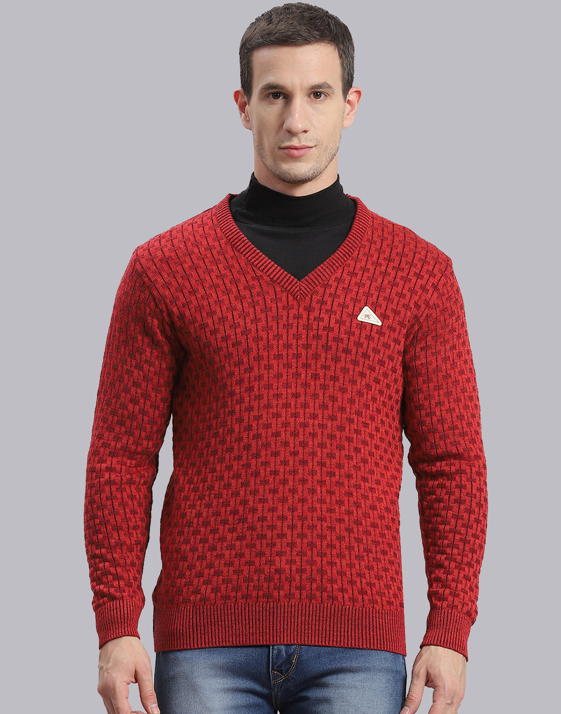 Men Red Self Design V Neck Full Sleeve Sweater