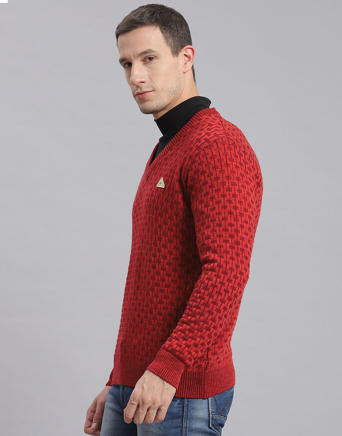 Men Red Self Design V Neck Full Sleeve Sweater