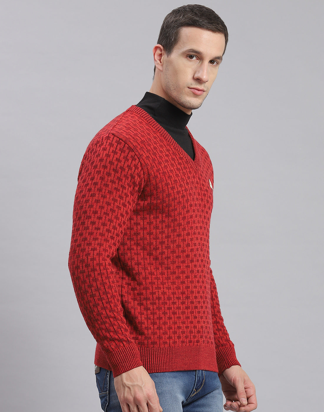 Men Red Self Design V Neck Full Sleeve Sweater