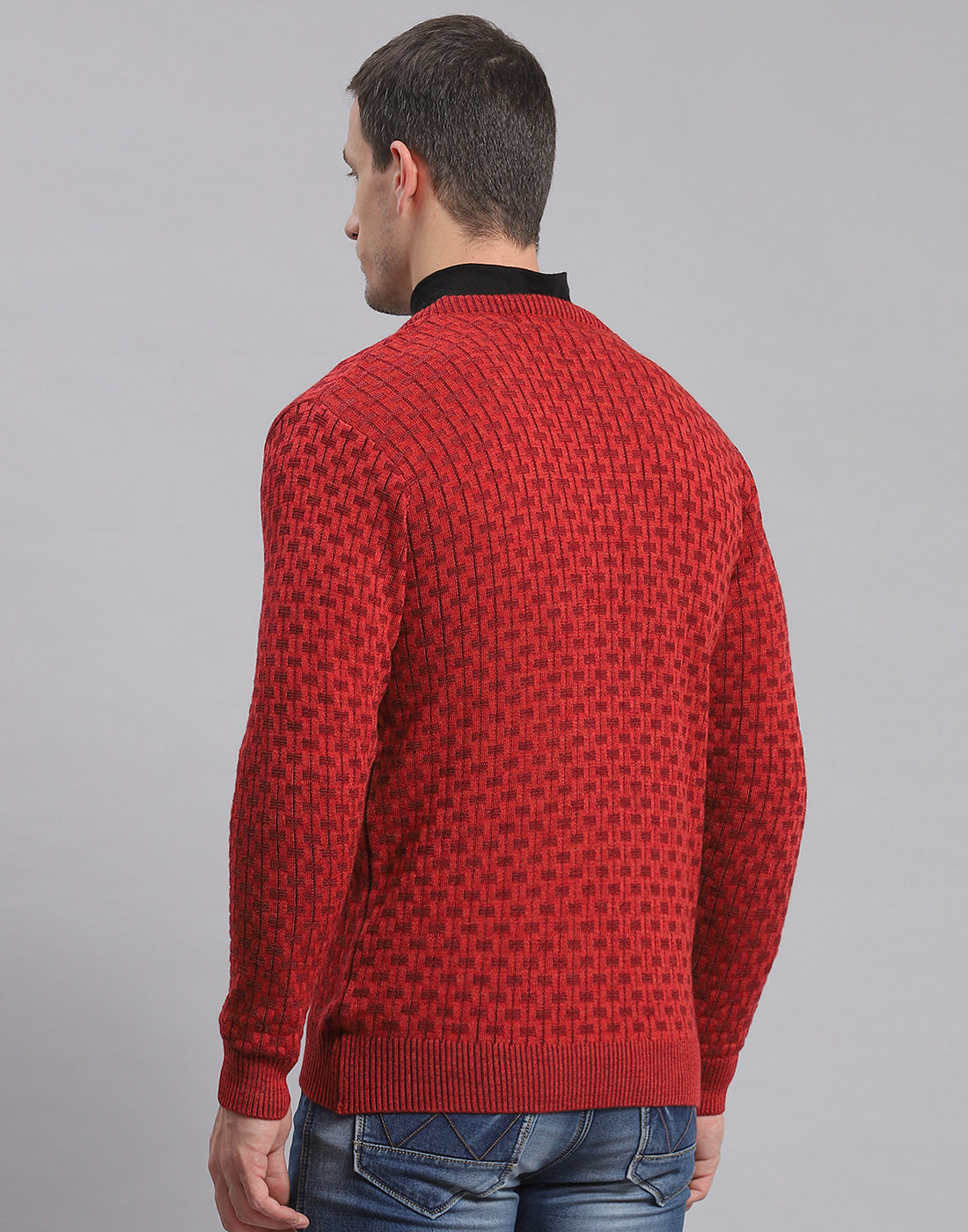 Men Red Self Design V Neck Full Sleeve Sweater