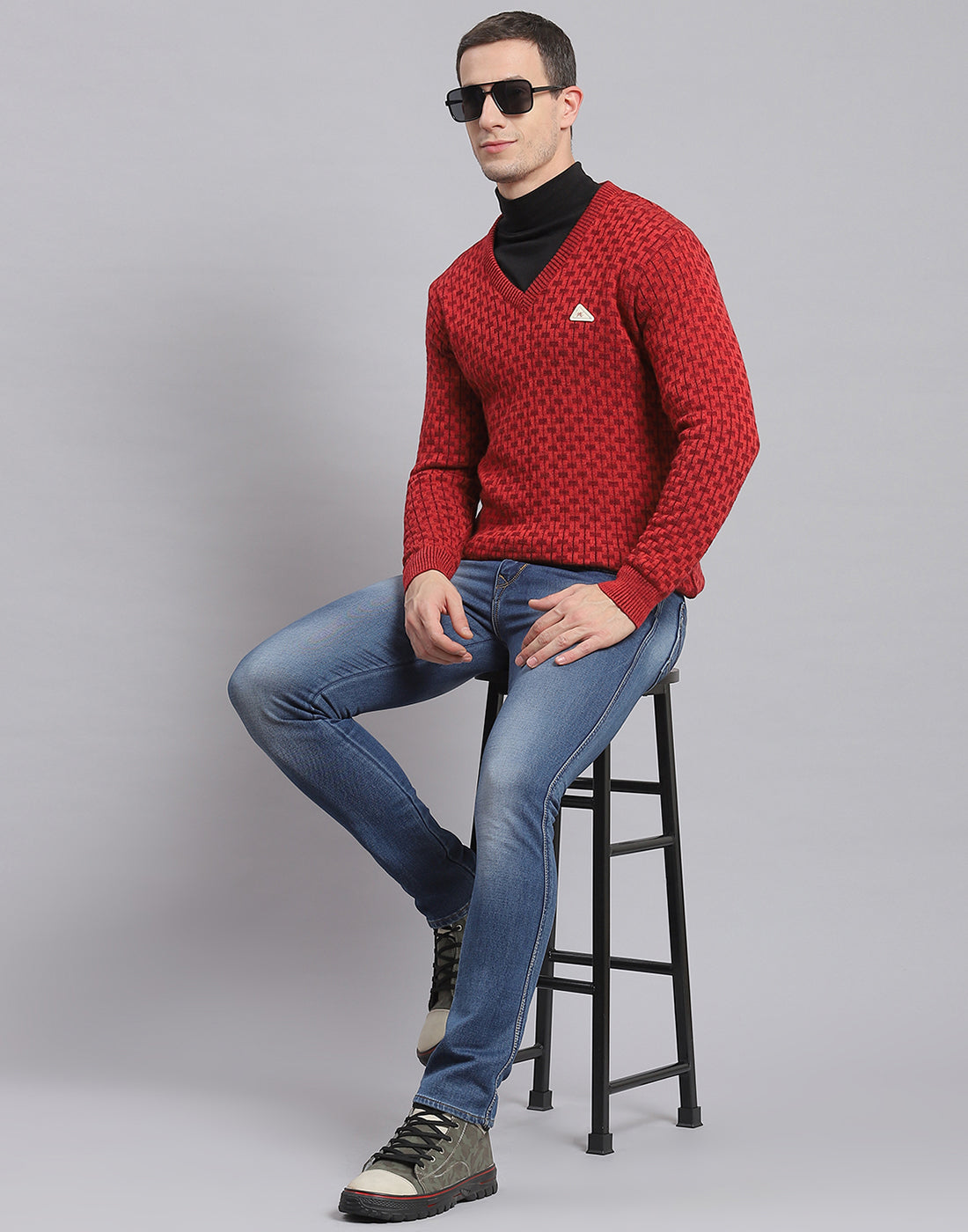 Men Red Self Design V Neck Full Sleeve Sweater