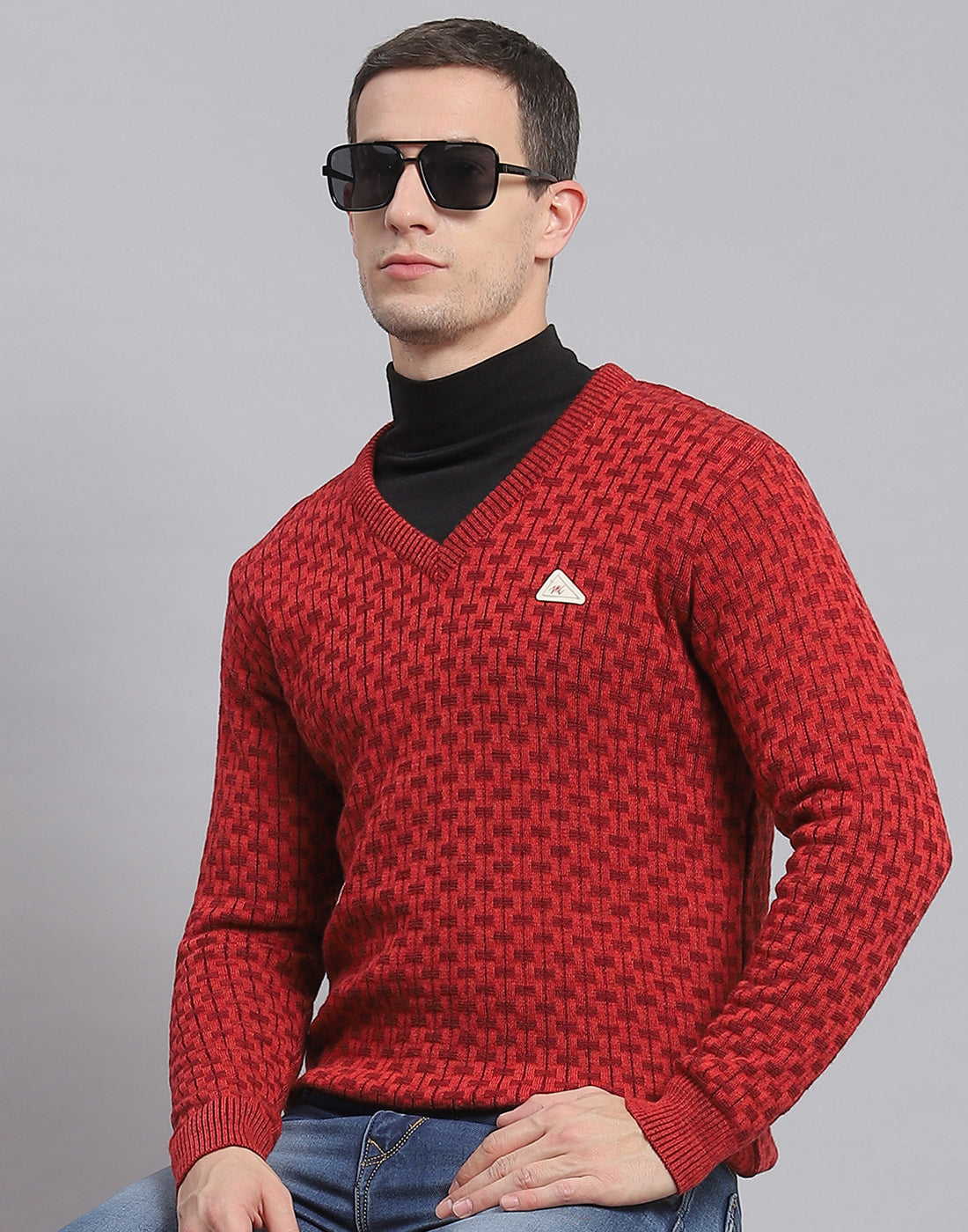 Men Red Self Design V Neck Full Sleeve Sweater