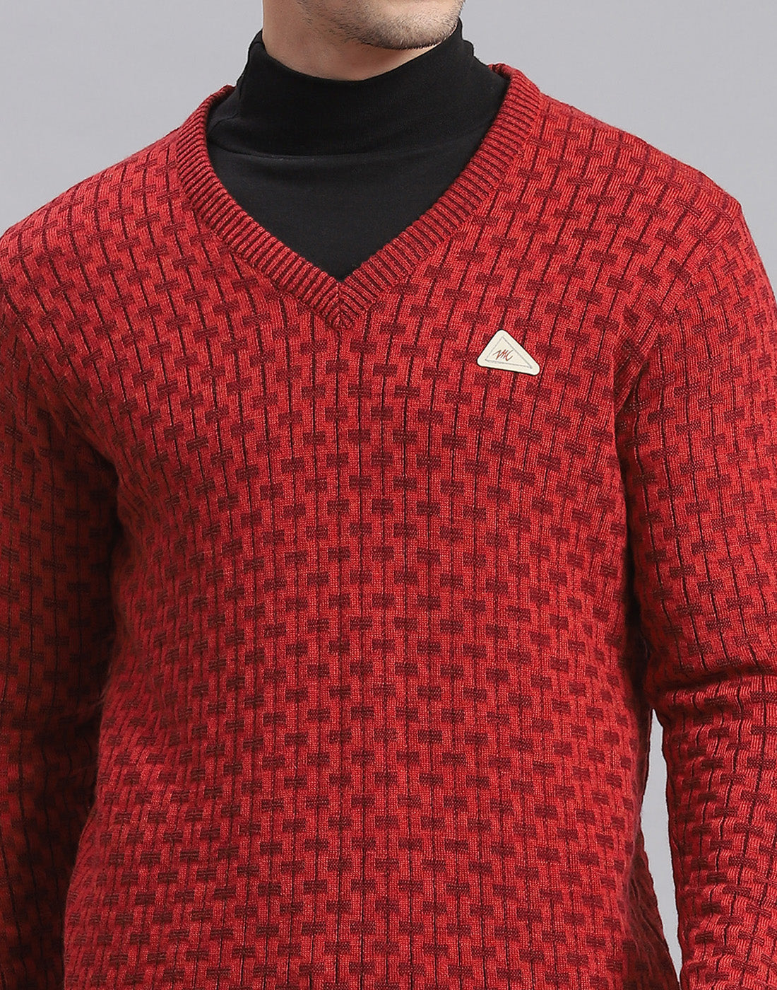 Men Red Self Design V Neck Full Sleeve Sweater