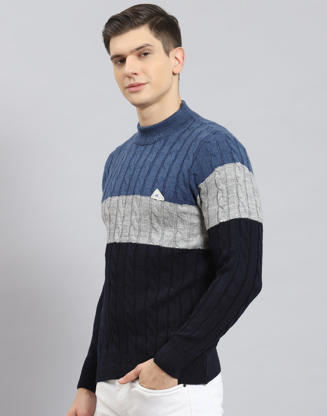 Men Navy Blue Self Design T Neck Full Sleeve Sweater