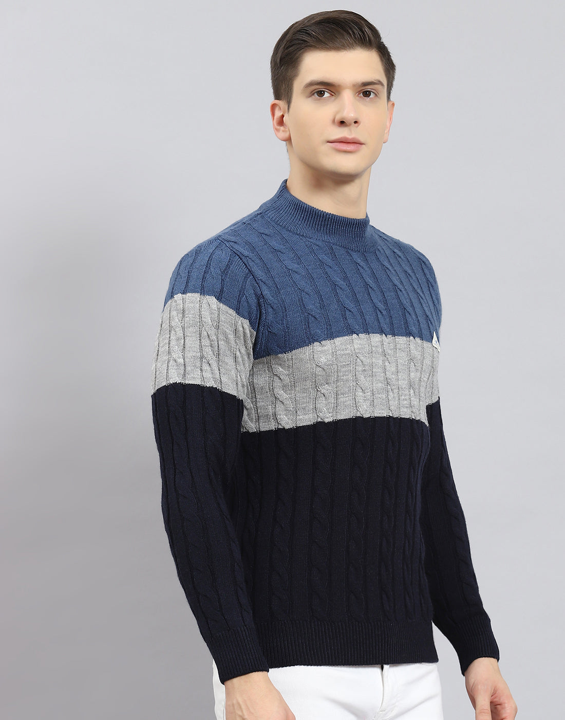 Men Navy Blue Self Design T Neck Full Sleeve Sweater