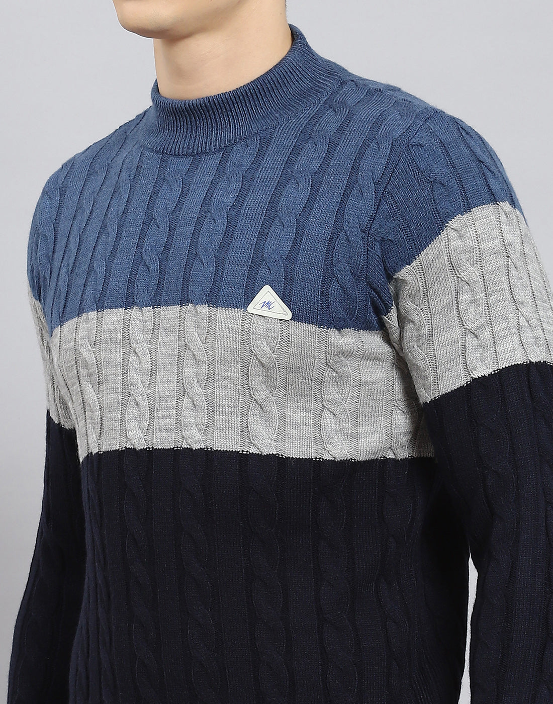 Men Navy Blue Self Design T Neck Full Sleeve Sweater