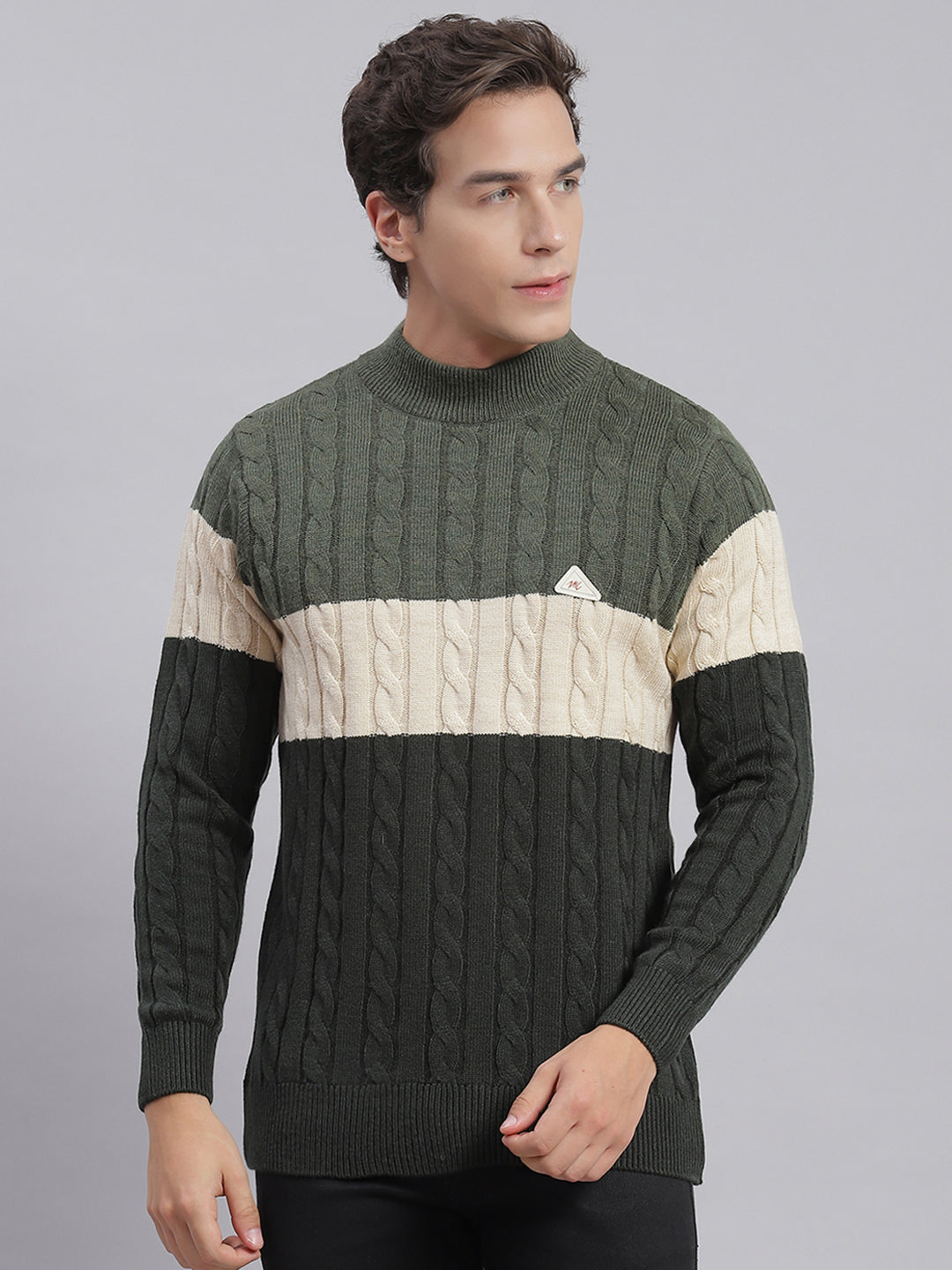 Men Olive Self Design T Neck Full Sleeve Sweaters/Pullovers