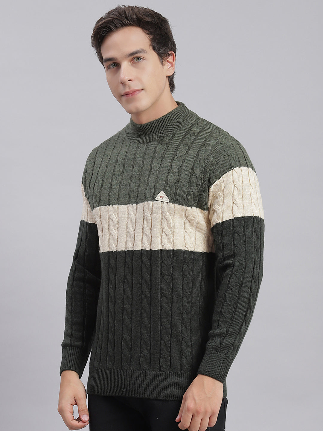 Men Olive Self Design T Neck Full Sleeve Sweaters/Pullovers