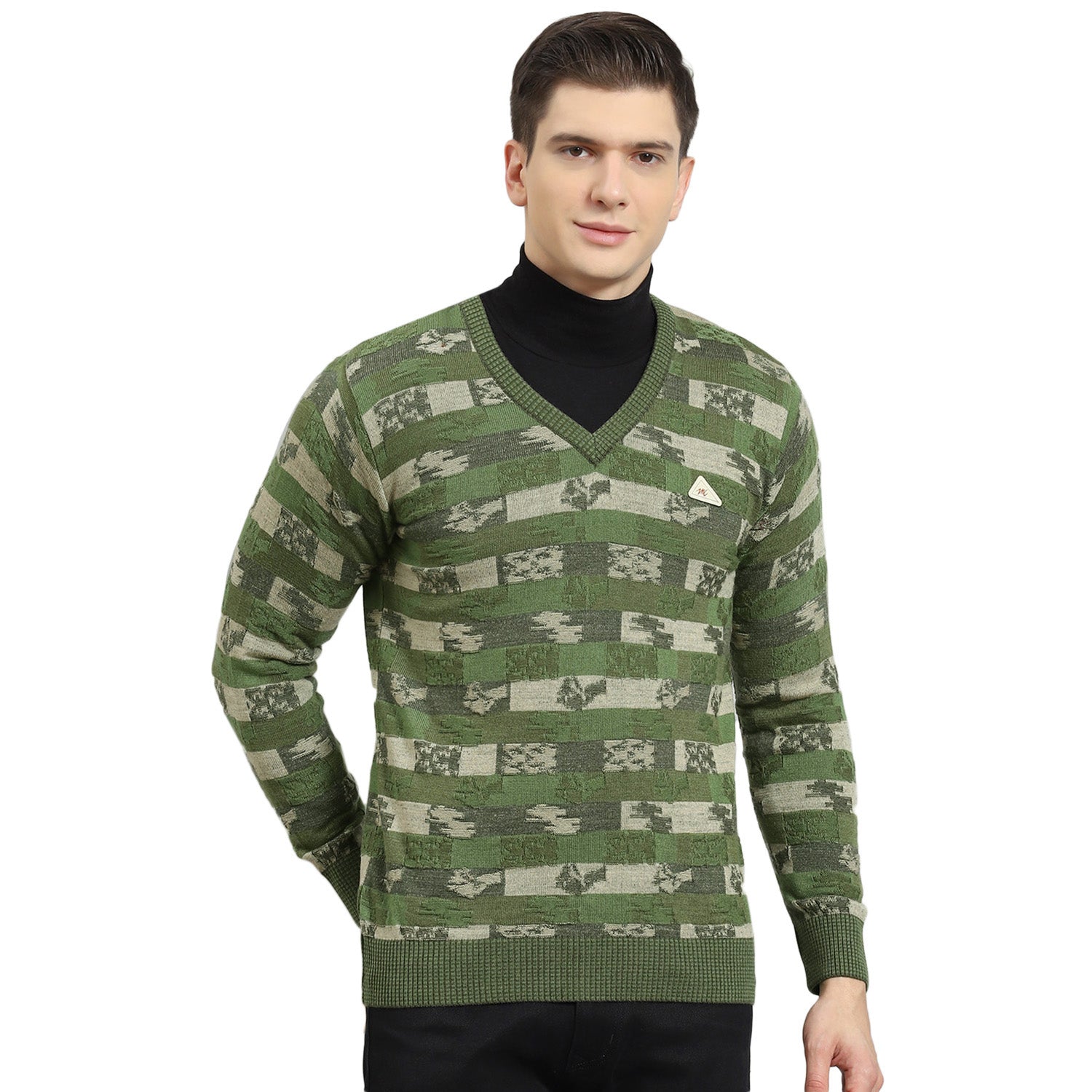 Men Green Self Design V Neck Full Sleeve Sweater