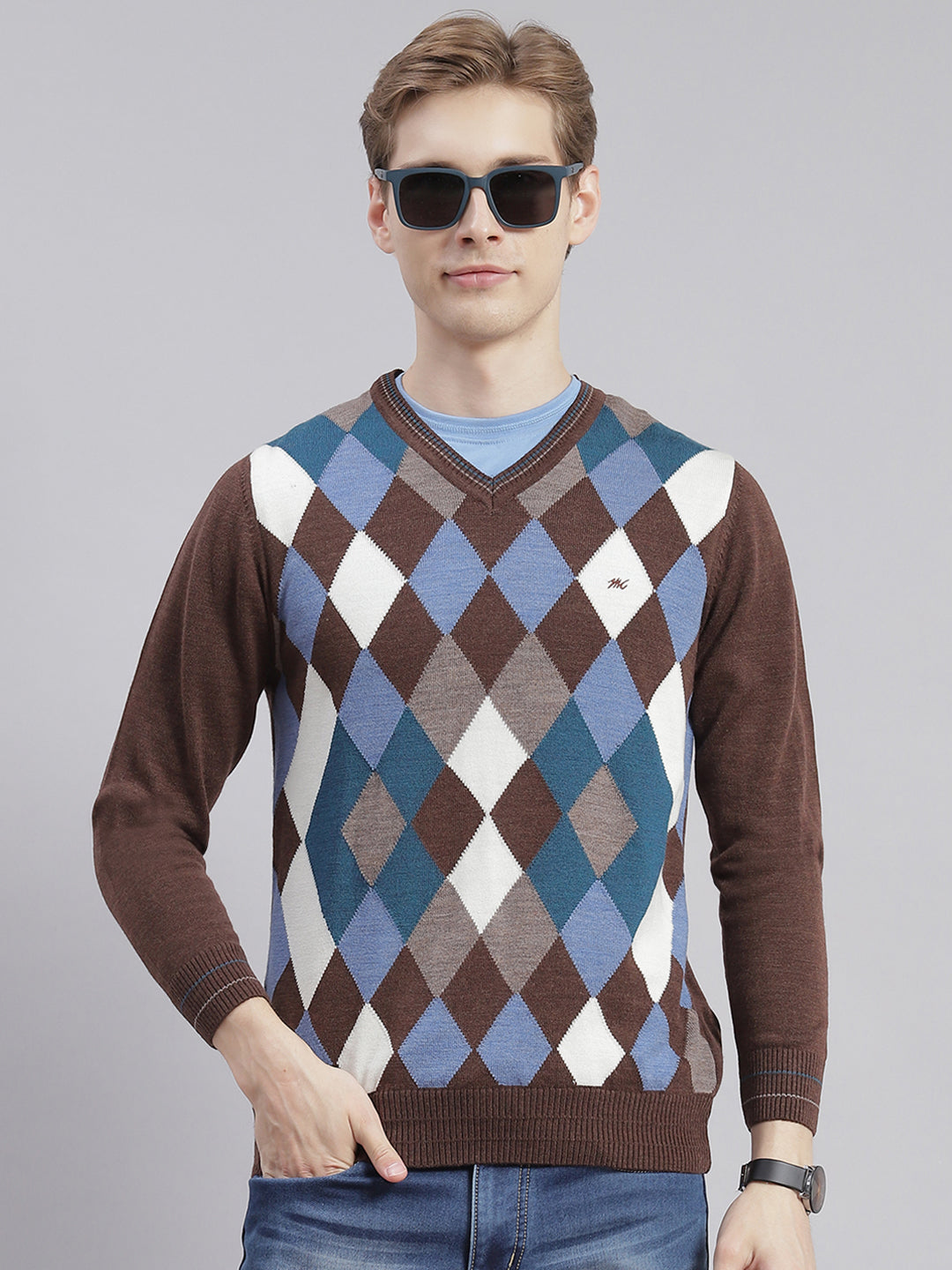 Men Brown Self Design V Neck Full Sleeve Sweaters/Pullovers