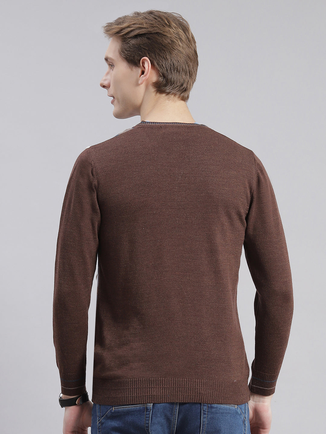 Men Brown Self Design V Neck Full Sleeve Sweaters/Pullovers