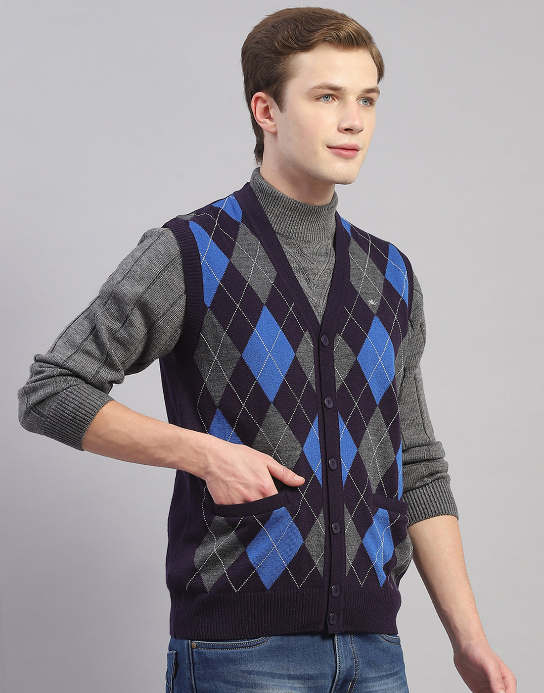 Men Navy Blue Self Design V Neck Sleeveless Cardigan