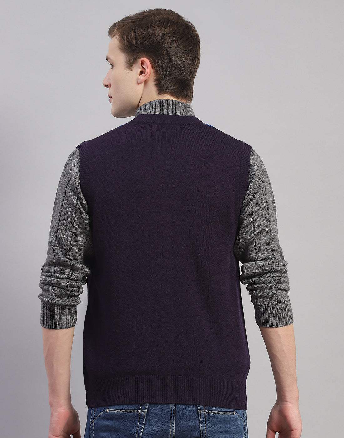 Men Navy Blue Self Design V Neck Sleeveless Cardigan