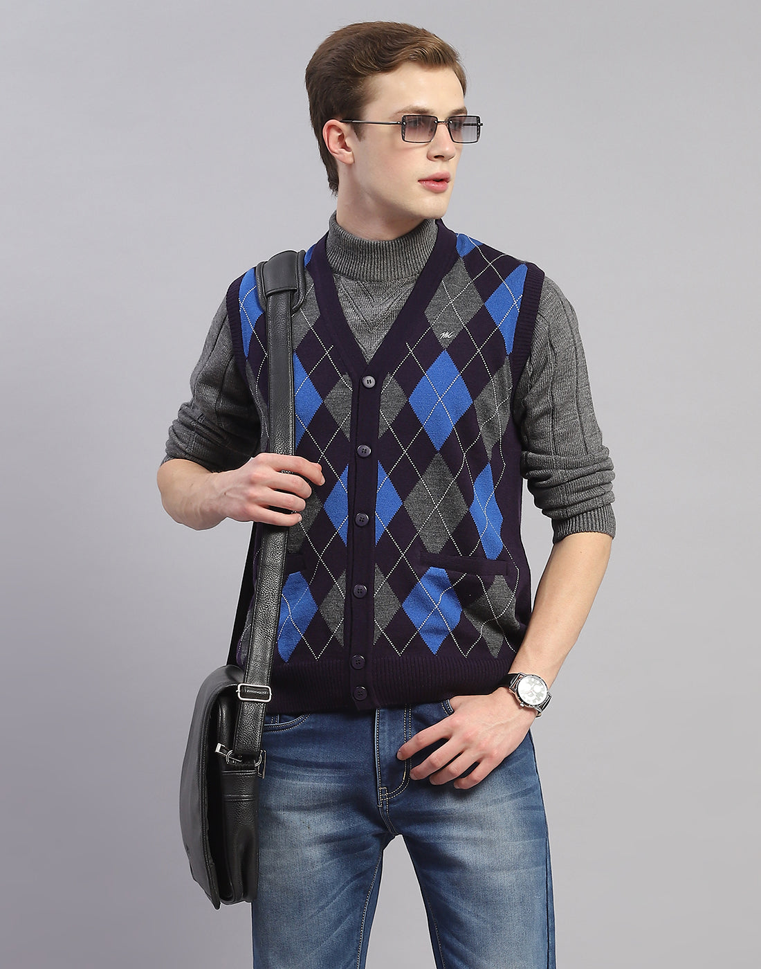 Men Navy Blue Self Design V Neck Sleeveless Cardigan