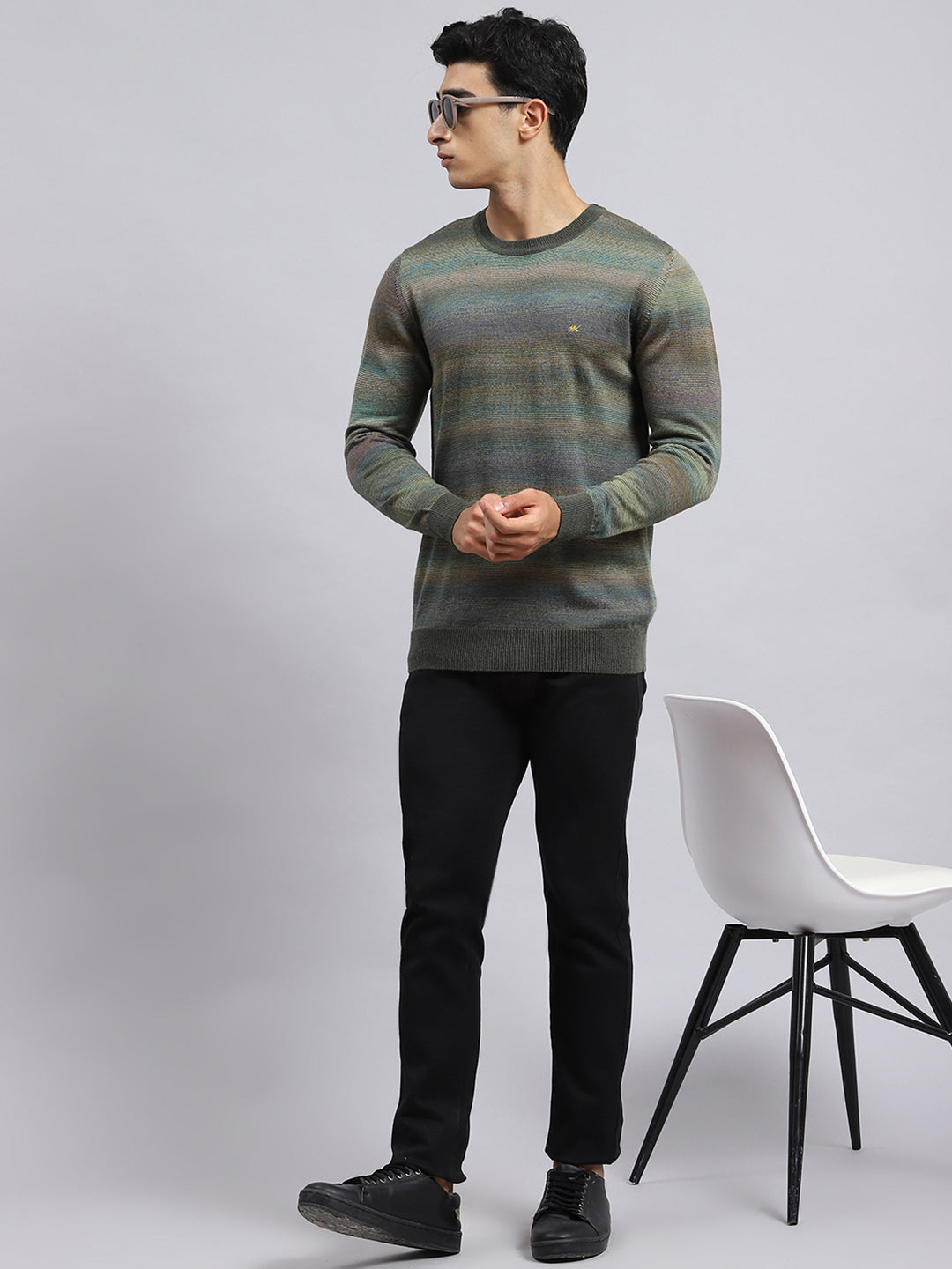 Men Green Self Pullover