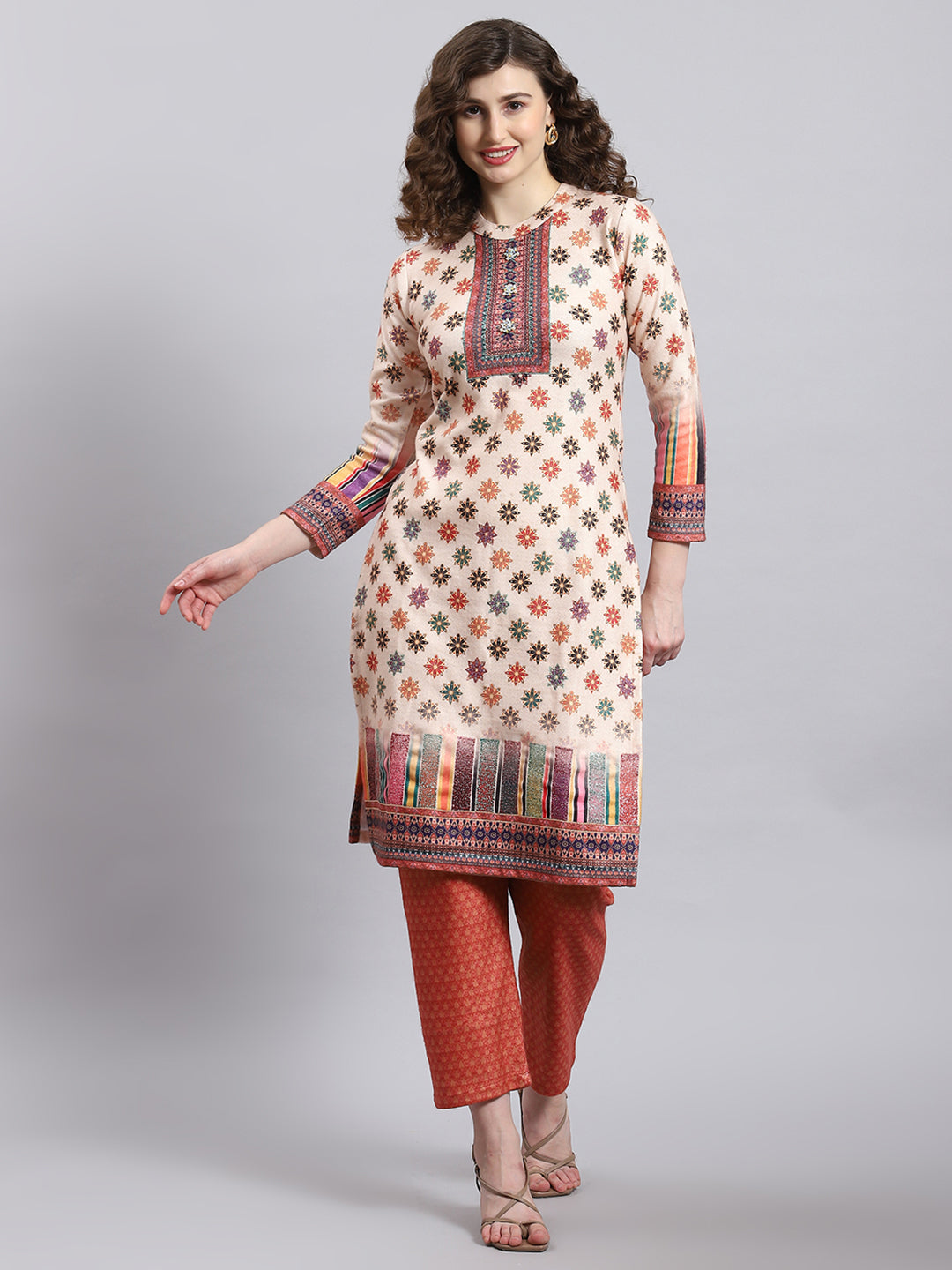 Women Cream Self Design Round Neck Full Sleeve Kurtis Set