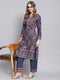 Women Blue Self Design Mandarin Collar Full Sleeve Kurtis Set