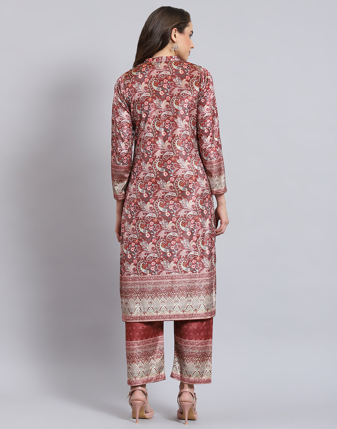 Women Rust Printed Mandarin Collar 3/4th Sleeve Kurtis Set