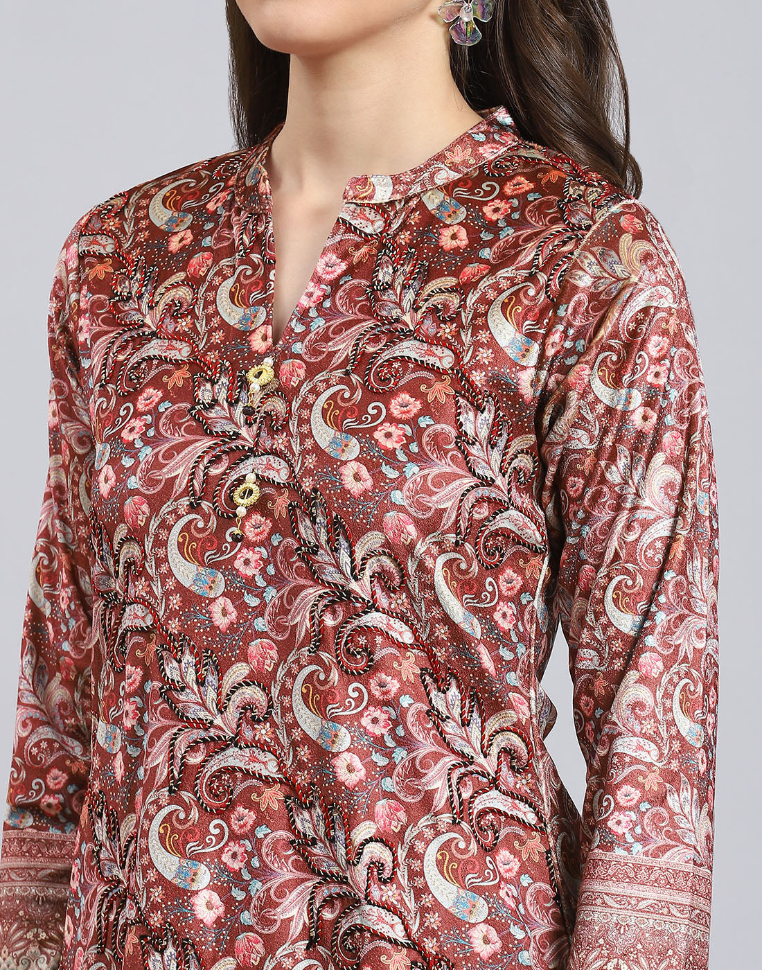 Women Rust Printed Mandarin Collar 3/4th Sleeve Kurtis Set