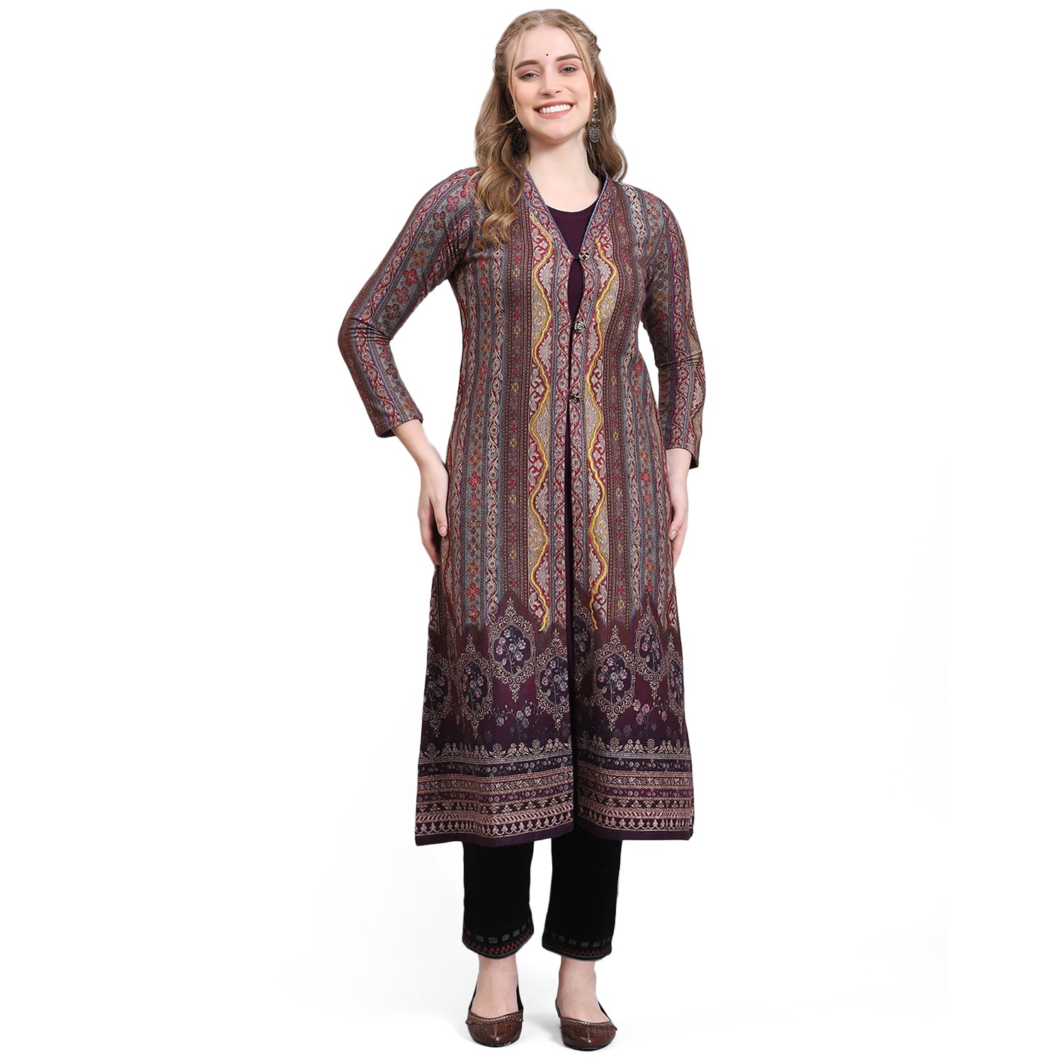 Women Purple Printed V Neck Full Sleeve Kurtis Set