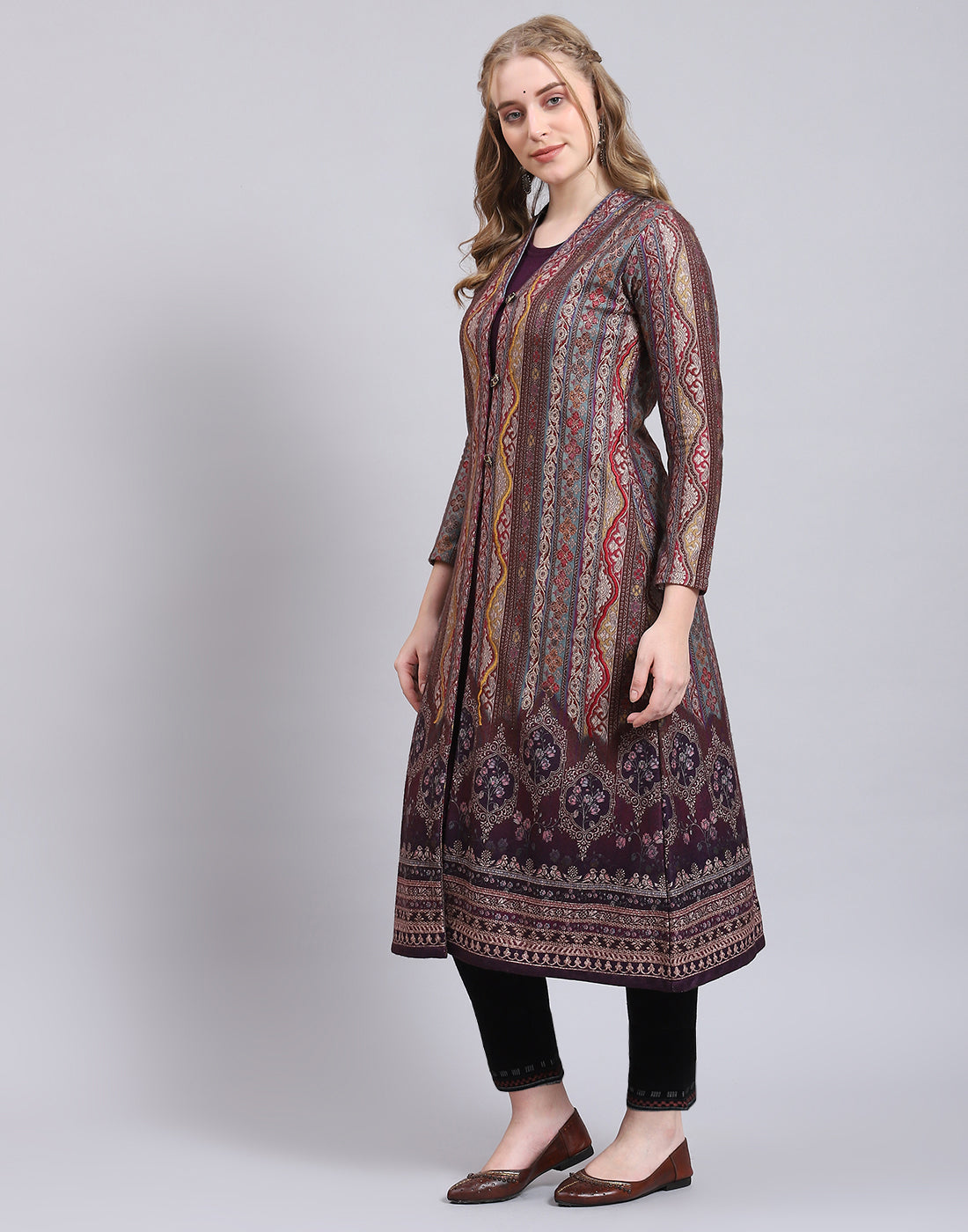 Women Purple Printed V Neck Full Sleeve Kurtis Set