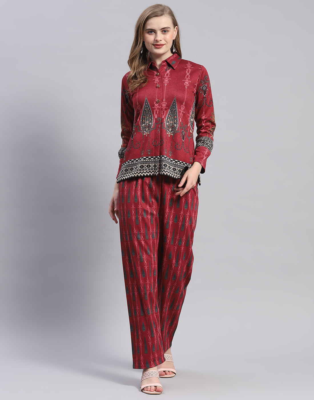 Women Red Embroidered Collar Full Sleeve Cords Set