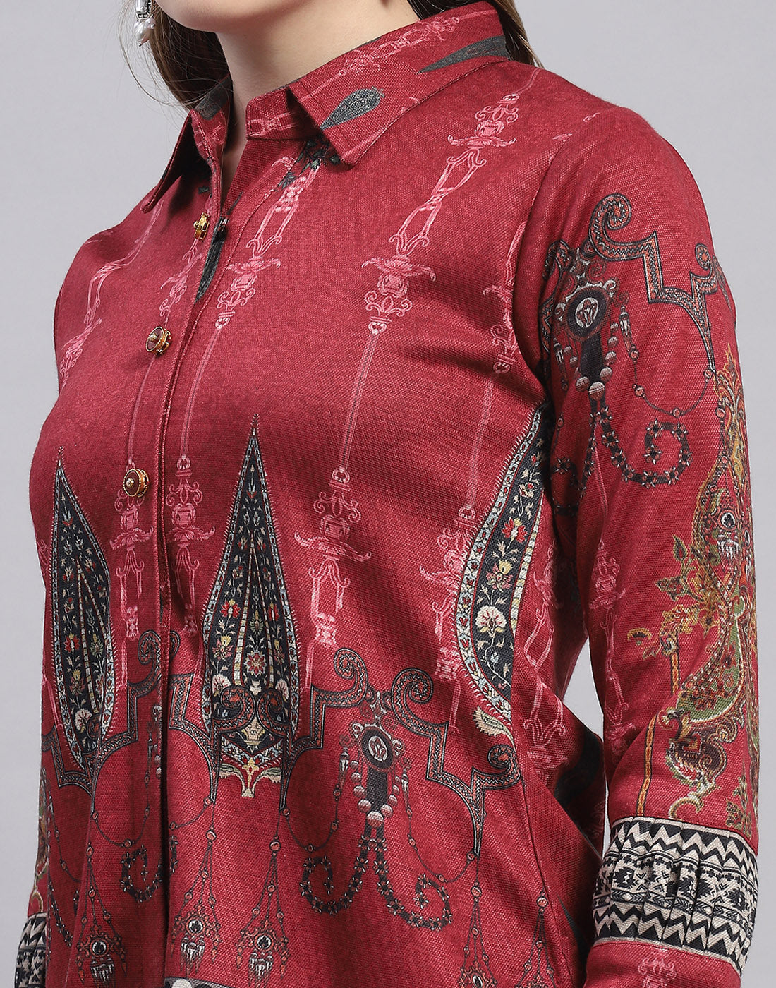 Women Red Embroidered Collar Full Sleeve Cords Set