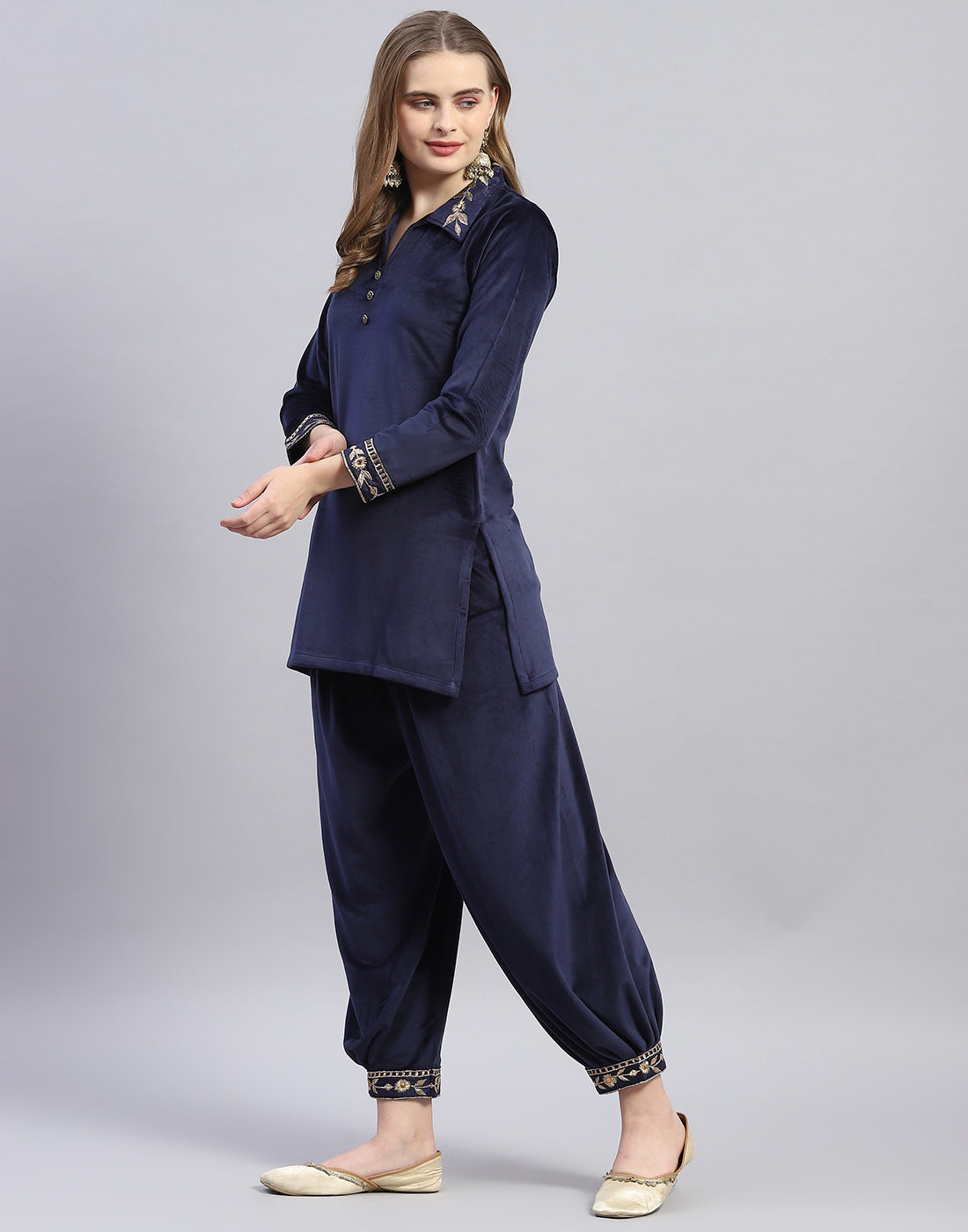 Women Navy Blue Embroidered Collar Full Sleeve Cords Set