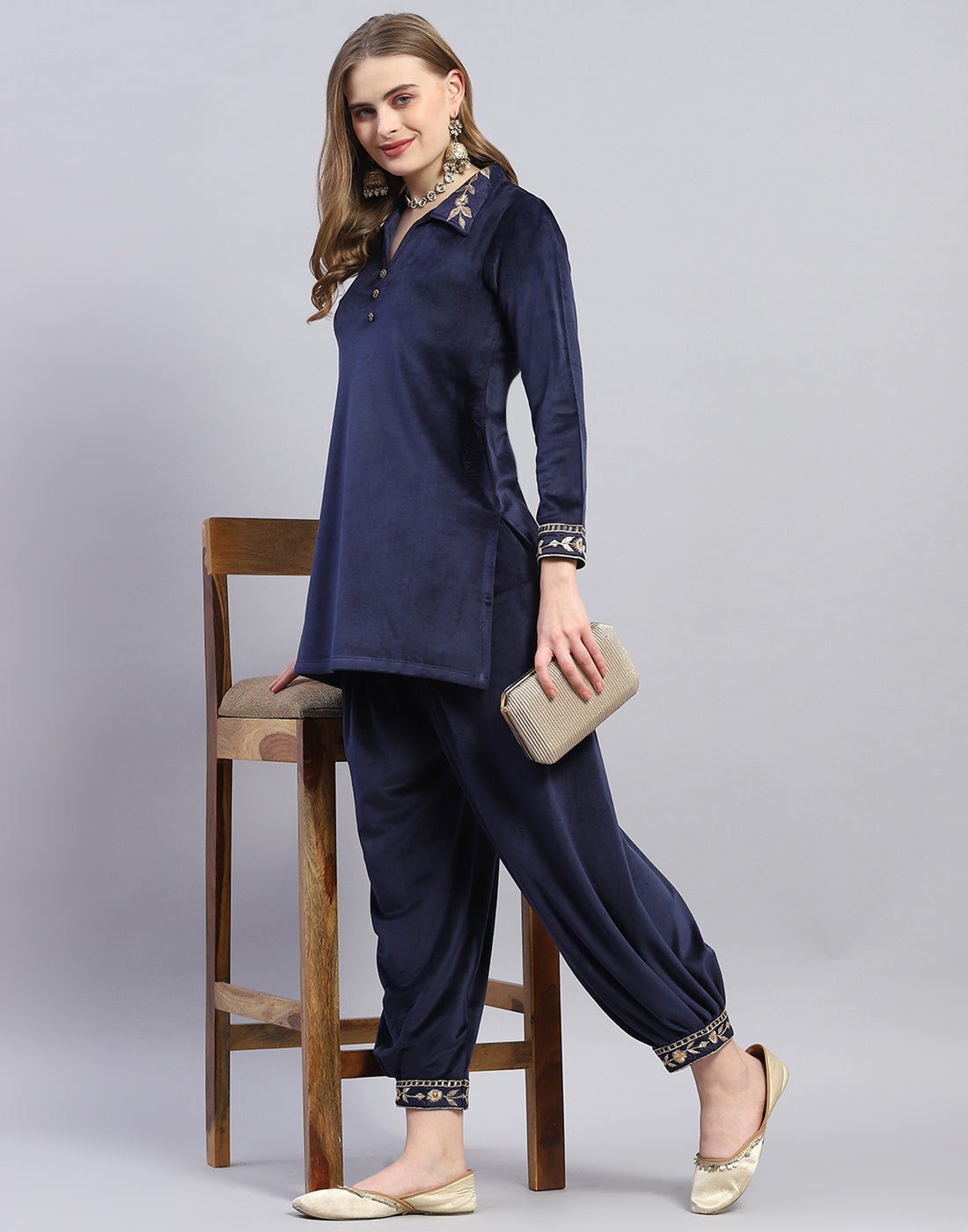 Women Navy Blue Embroidered Collar Full Sleeve Cords Set