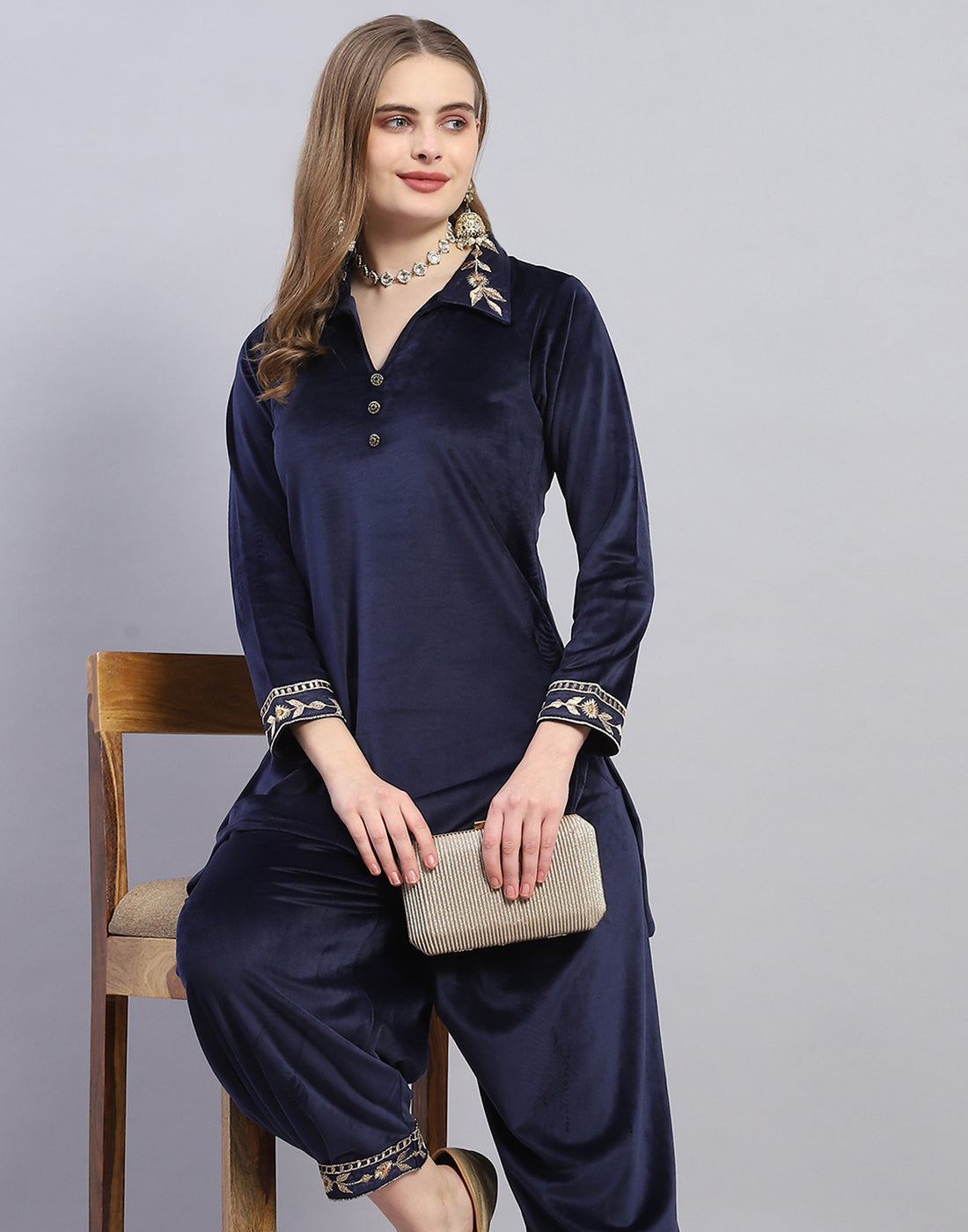 Women Navy Blue Embroidered Collar Full Sleeve Cords Set