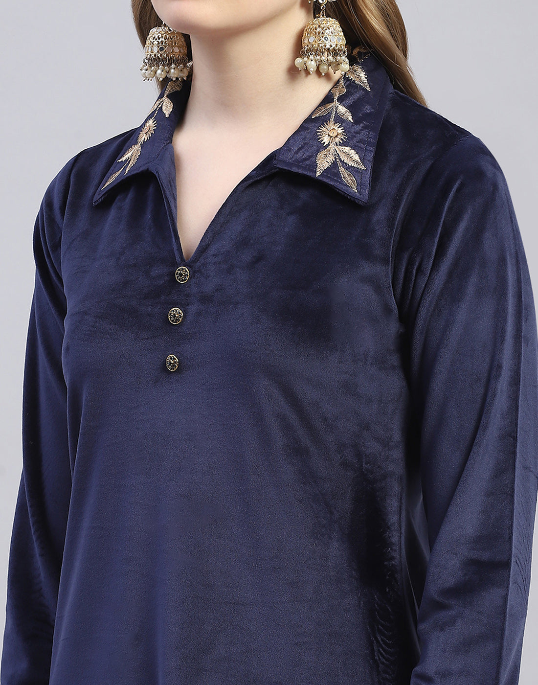 Women Navy Blue Embroidered Collar Full Sleeve Cords Set