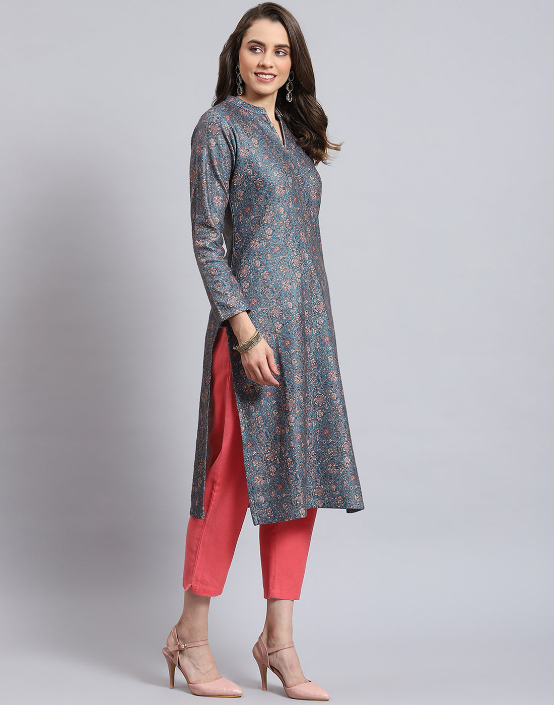 Women Teal Blue Printed Mandarin Collar Full Sleeve Kurtis Set