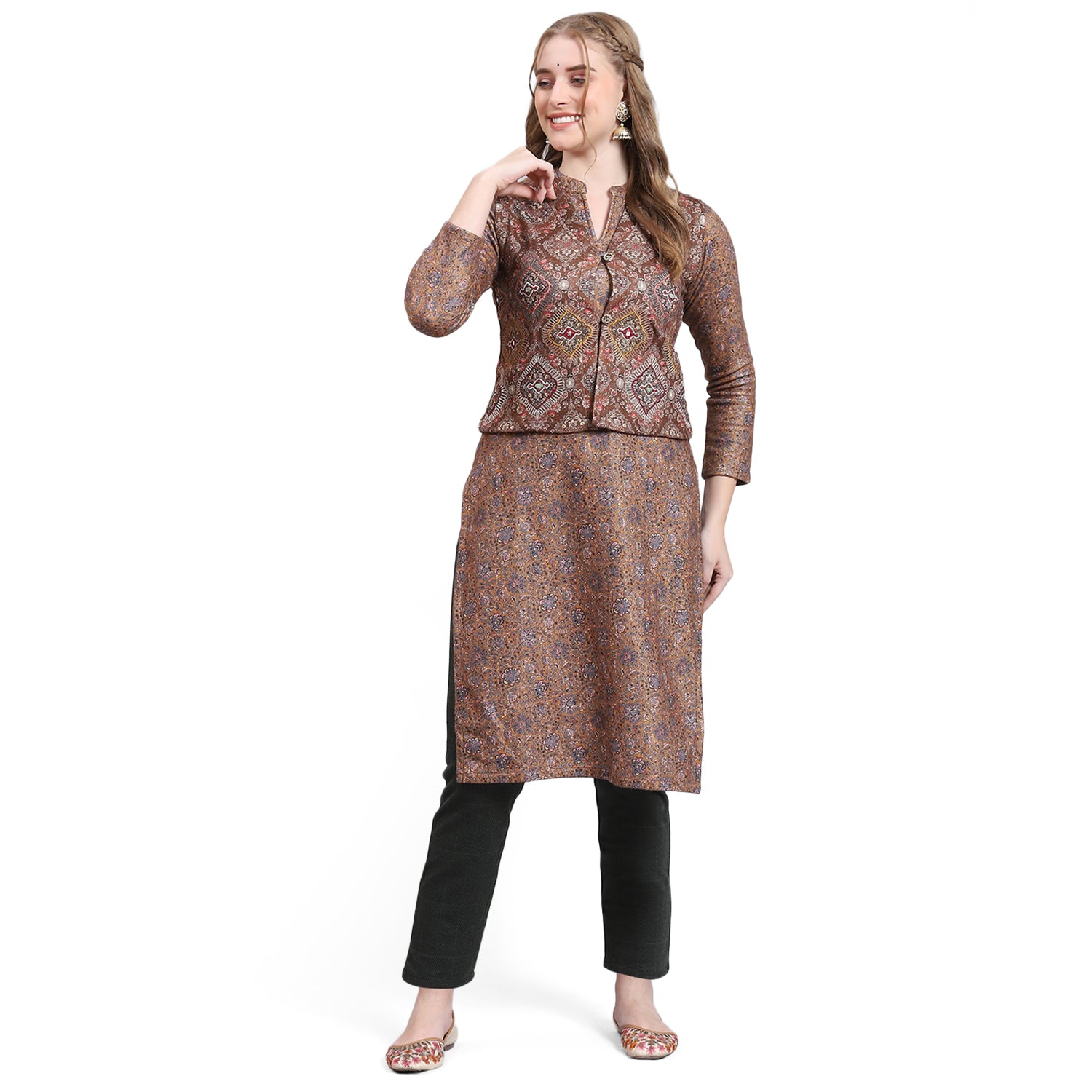 Women Brown Printed Mandarin Collar Full Sleeve Kurtis Set