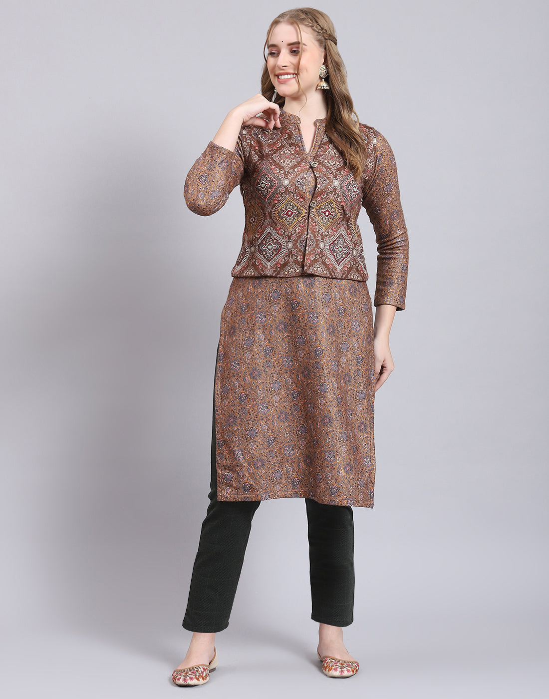 Women Brown Printed Mandarin Collar Full Sleeve Kurtis Set