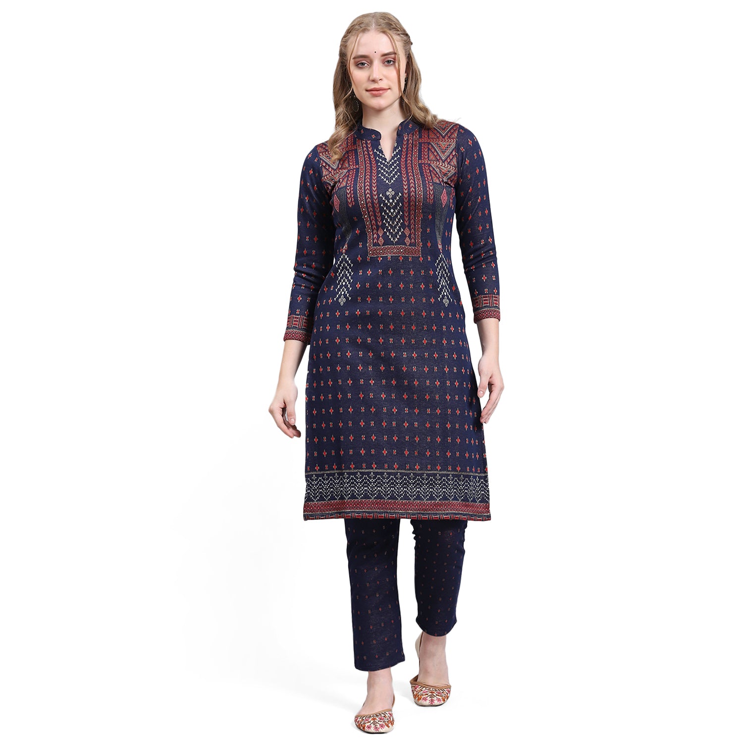 Women Navy Blue Printed Collar Full Sleeve Kurtis Set