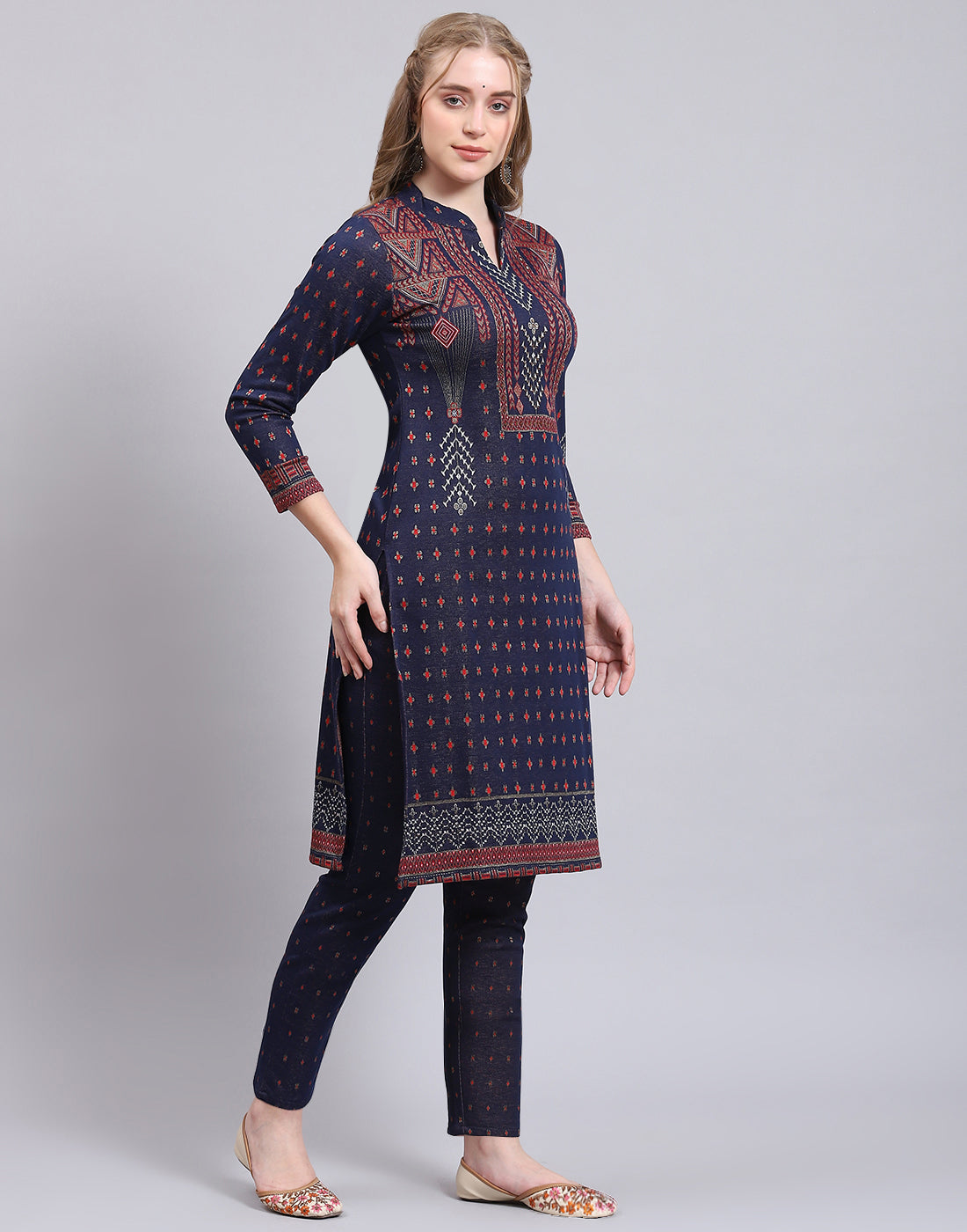 Women Navy Blue Printed Collar Full Sleeve Kurtis Set