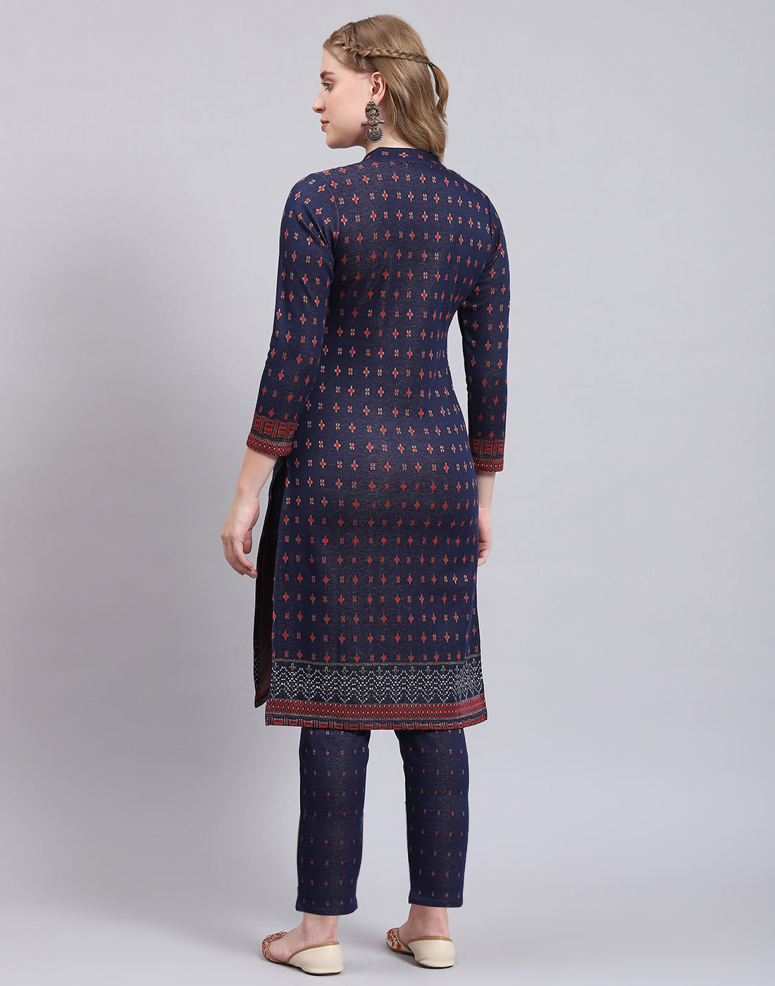 Women Navy Blue Printed Collar Full Sleeve Kurtis Set