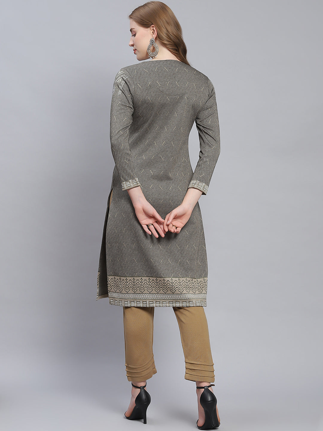 Buy Women Grey Self Design Round Neck Full Sleeve Kurtis Online in India Monte Carlo