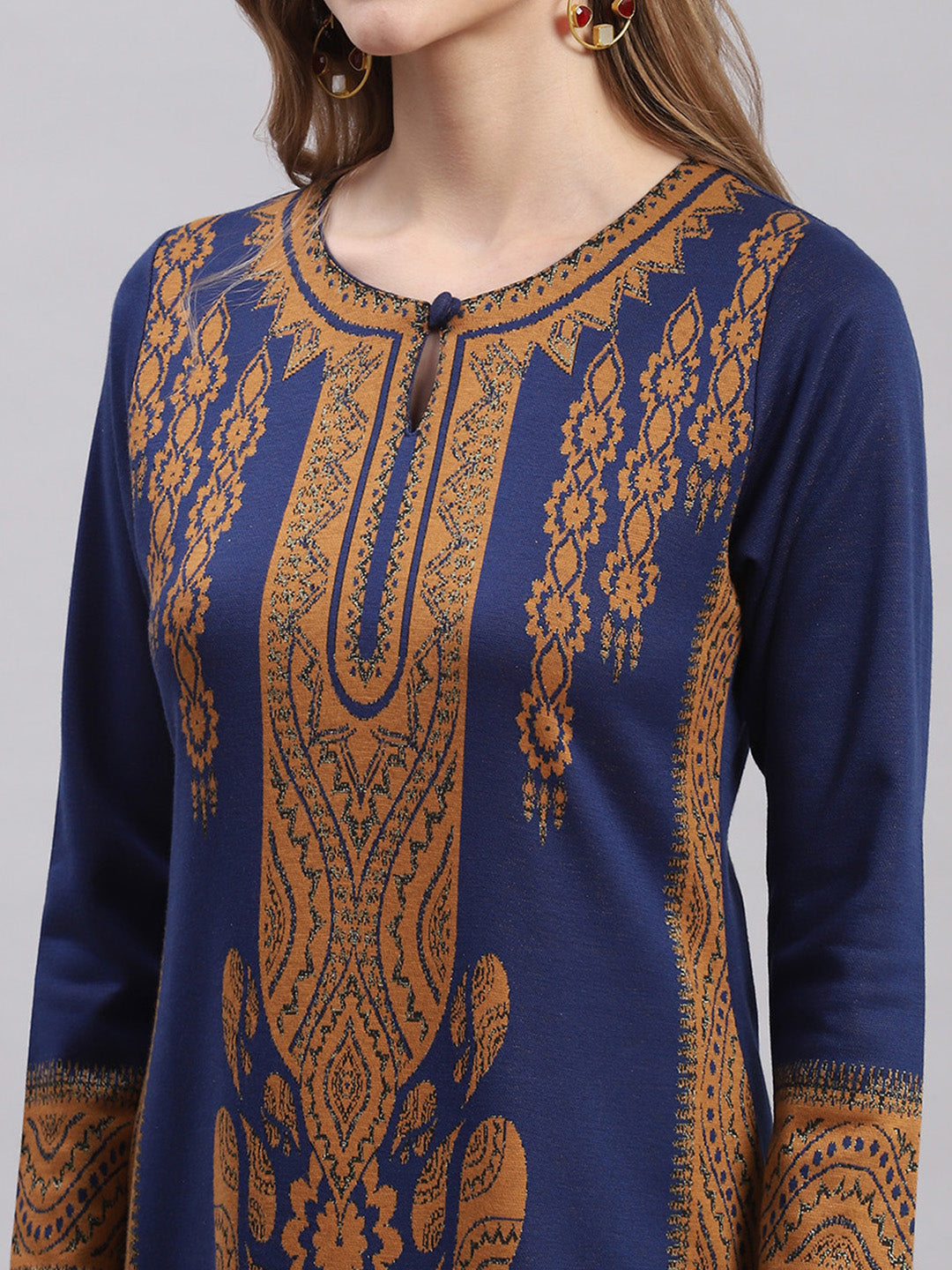 Women Blue Printed Round Neck Full Sleeve Kurtis