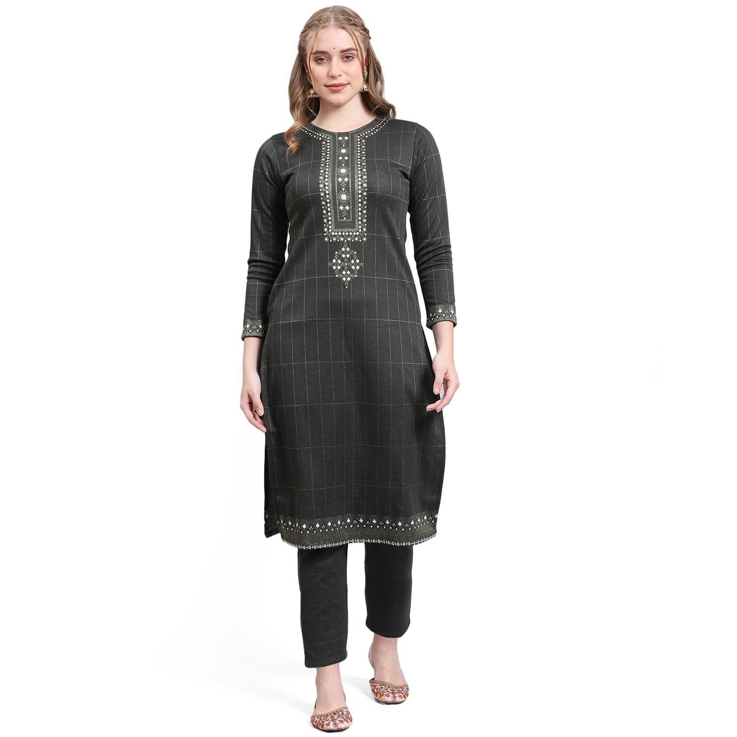 Women Olive Printed Collar Full Sleeve Kurtis Set