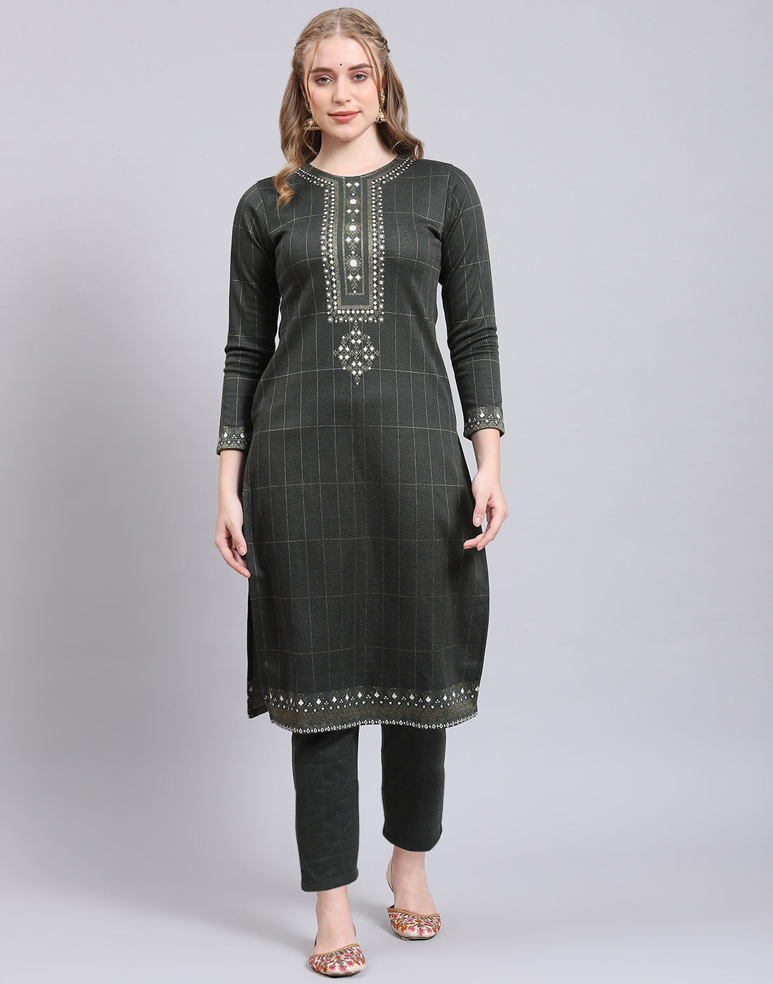 Women Olive Printed Collar Full Sleeve Kurtis Set