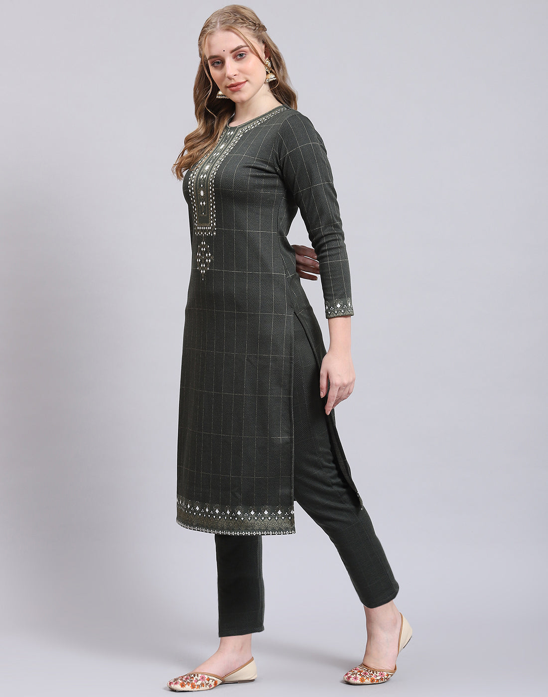 Women Olive Printed Collar Full Sleeve Kurtis Set