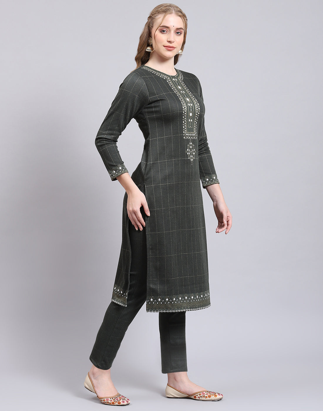 Women Olive Printed Collar Full Sleeve Kurtis Set