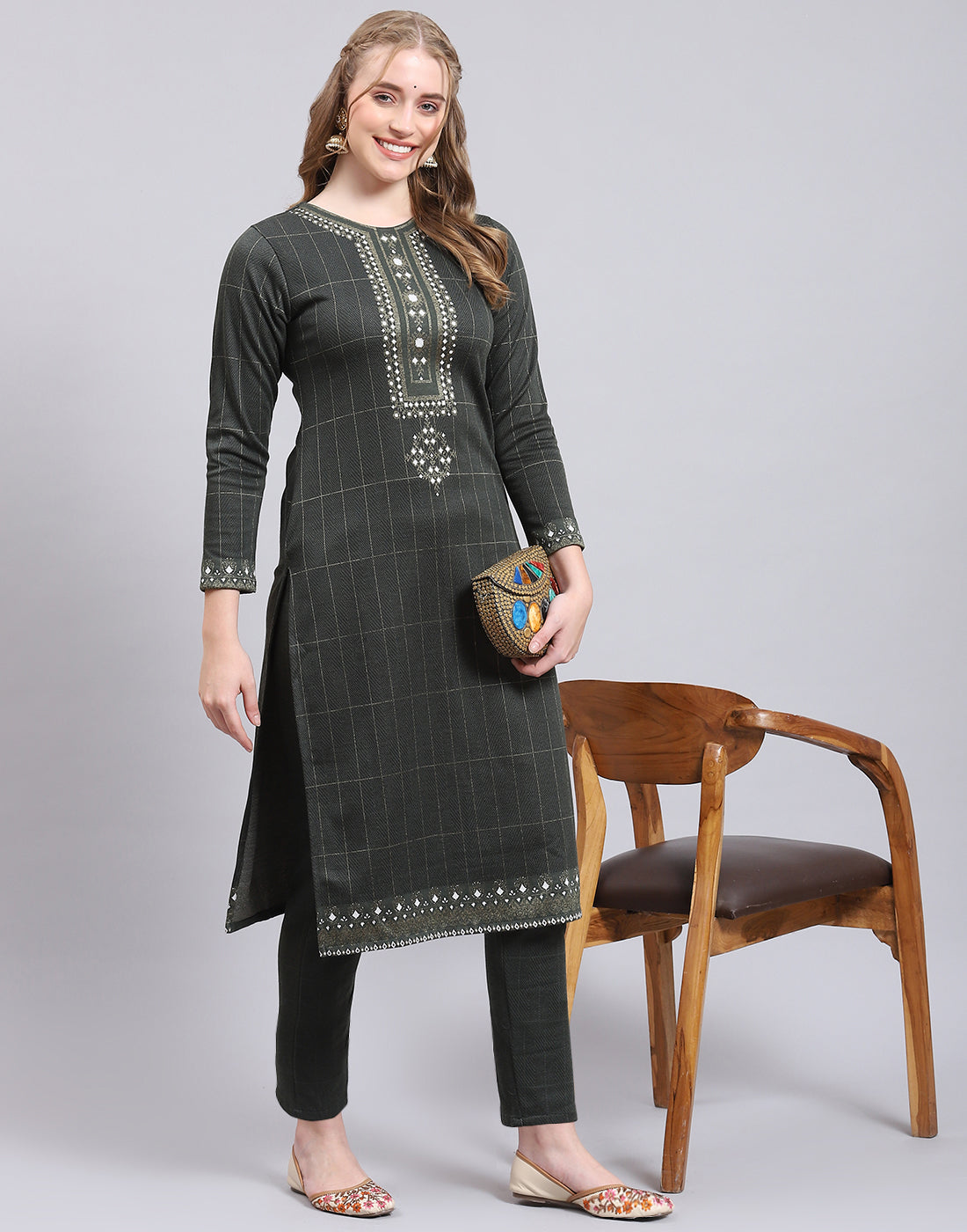 Women Olive Printed Collar Full Sleeve Kurtis Set