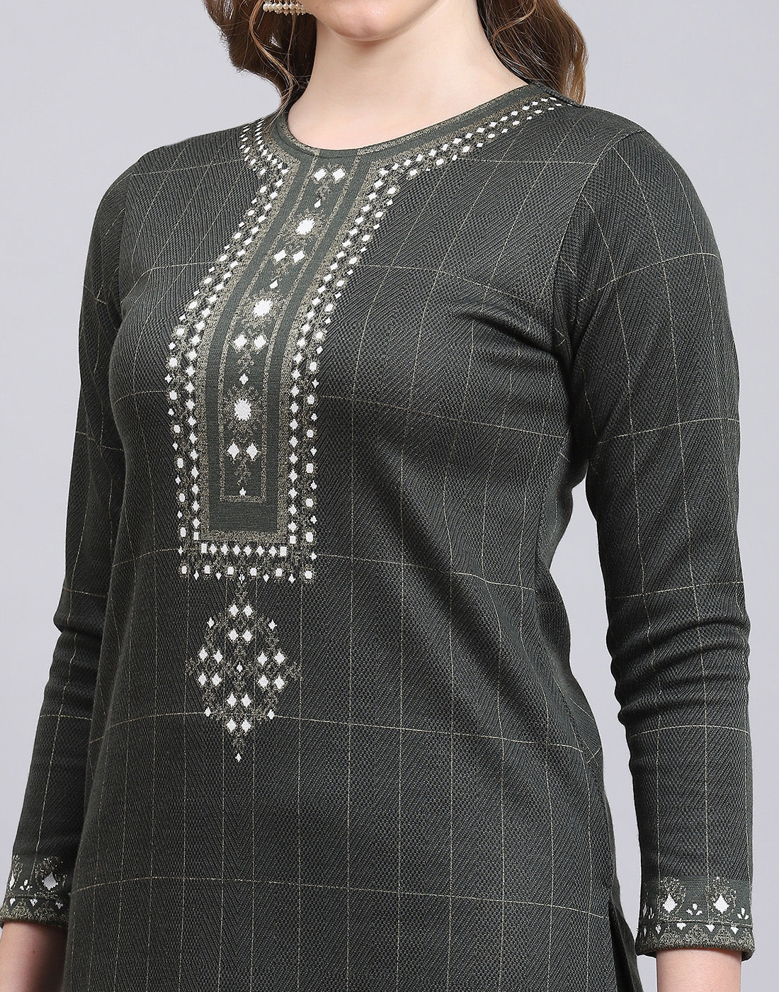 Women Olive Printed Collar Full Sleeve Kurtis Set