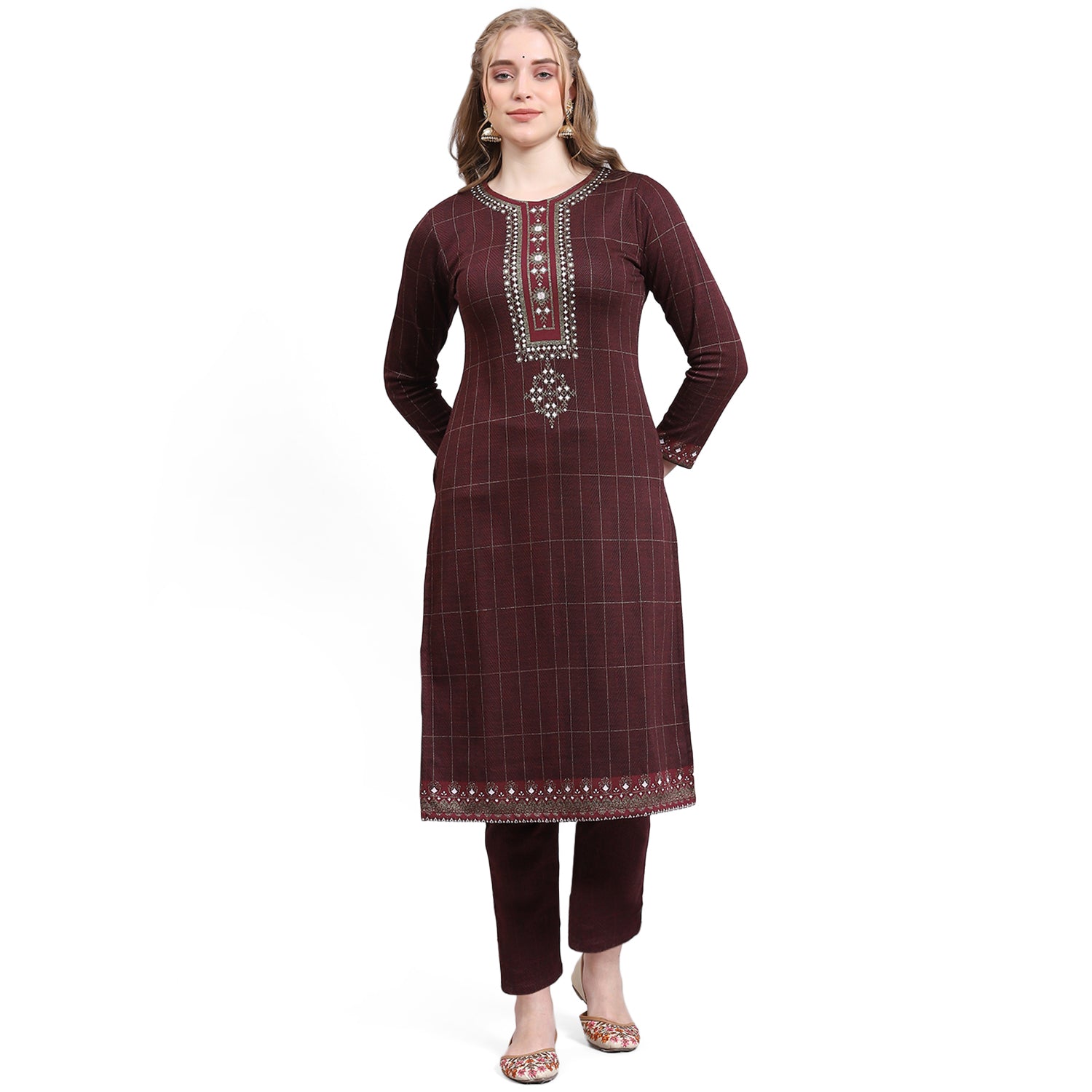 Women Maroon Printed Collar Full Sleeve Kurtis Set