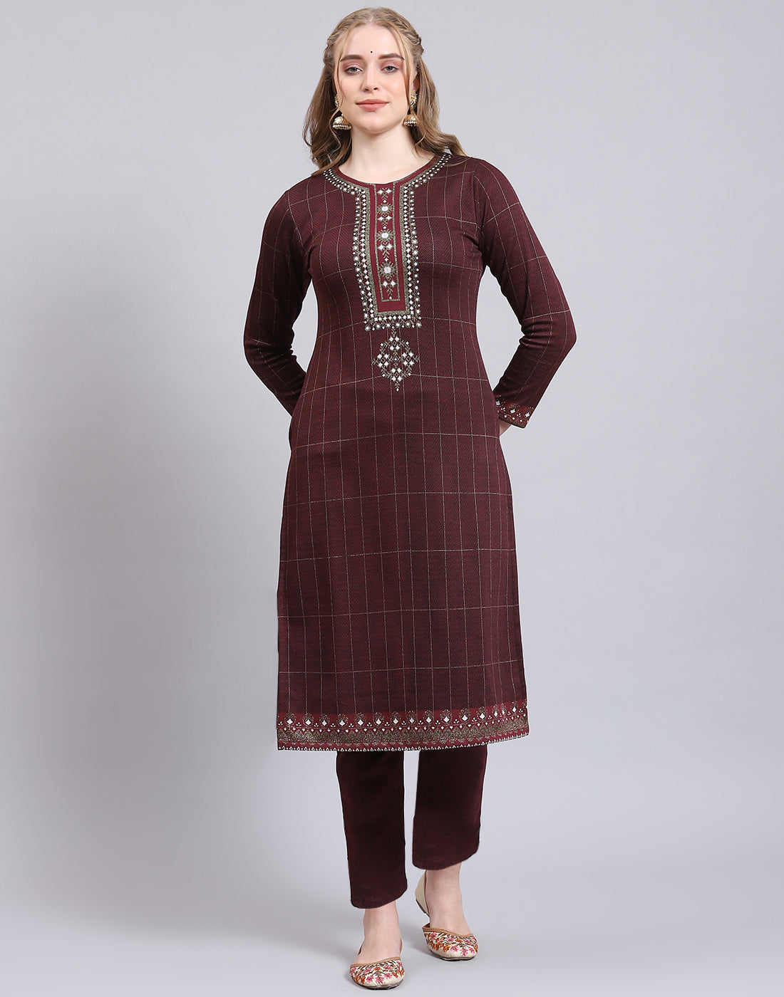 Women Maroon Printed Collar Full Sleeve Kurtis Set